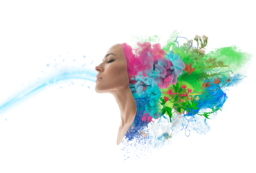 A graphic drawing of a serene face with eyes closed receiving validation in the form of energy, triggering dopamine production, pictured as the brain flourishing in colours and flowers emanating from the brain.